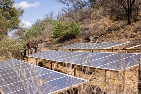 Technology solar panels in arid landscape providing sustainable energy