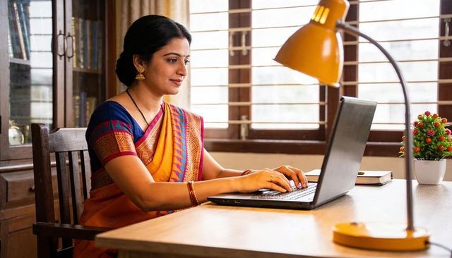 Indian woman typing on laptop in traditional saree at sunlit home workspace with lamp