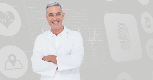 Digital composite image of male doctor standing with arms crossed against medical background