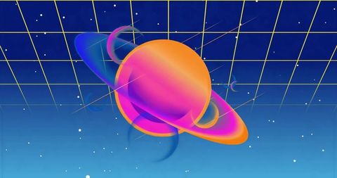 Neon Ringed Planet Orbiting Moons Over Retro Yellow Wireframe Grid in Synthwave Space