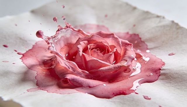 Pink rose blooming splashing into water on textured paper with colorful droplets