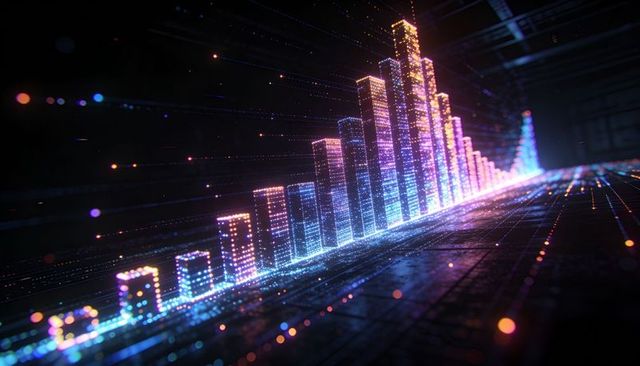 Glowing holographic 3d bar chart rising over neon data grid futuristic particle trails