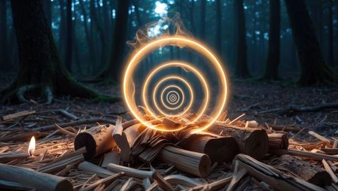 Mystical golden rings illuminating forest clearing with sandalwood logs
