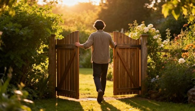 Man walking through wooden garden gates at golden hour in lush flowered backyard