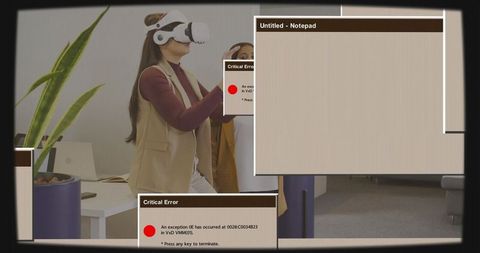 Woman wearing vr headset interacting with glitched error interface in modern office