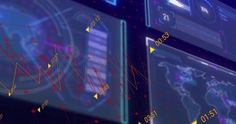 Futuristic holographic analytics dashboard showing red node network with timestamp markers