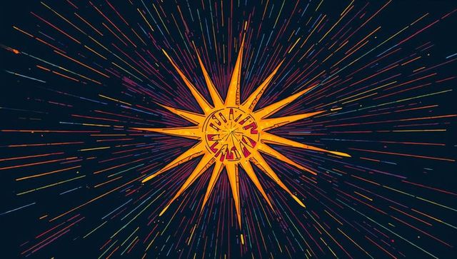 Radiant geometric starburst emitting neon multicolor streaks on dark cosmic background