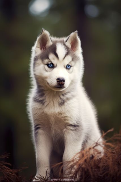 Image displays a Siberian Husky puppy with striking blue eyes sitting in a forest. The pet's fluffy fur and attention-grabbing eyes make it immensely appealing. Can be used in pet care advertisements, promotional material for pet adoption agencies, or as an engaging element in nature-themed projects.