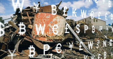 Currency Symbols Overlaying Industrial Scrap Metal Yard