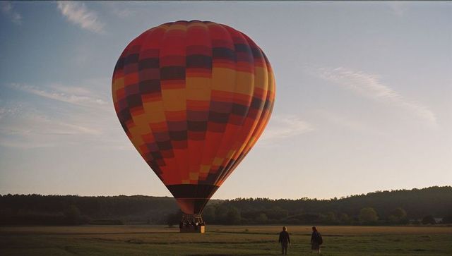 Colorful Hot Air Balloon Landing at Sunrise with Couple Walking Across Meadow