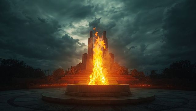 Flame Illuminating Reverent Memorial Plaza at Dusk