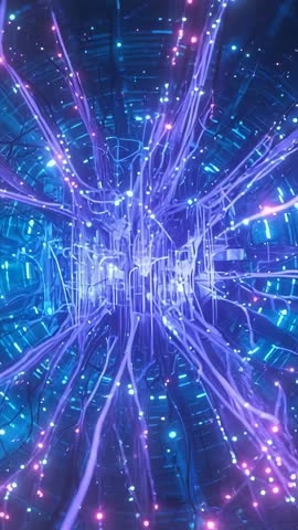Pulsing energy core sending neon filaments through deep-blue futuristic tunnel vertical video