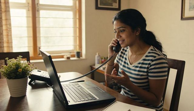 Indian woman working from home talking on landline while using laptop and taking notes