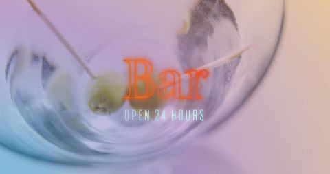stylish depiction of an empty cocktail glass with green olives and toothpicks, highlighted by neon text indicating a bar open 24 hours. the soft gradient background creates a celebrative ambiance, ideal for advertisements for bars, lounges, or cocktail promotions around world cocktail day.