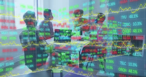 Business Team Analyzing Stock Market Data with Digital Overlay