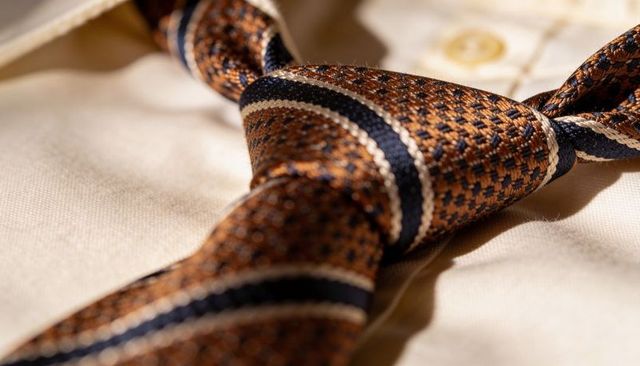 Knotted brown silk necktie glinting on cream dress shirt collar with rich woven texture