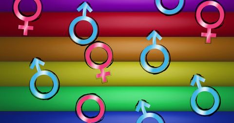 Dynamic gender symbols on rainbow background for lgbtq+ awareness