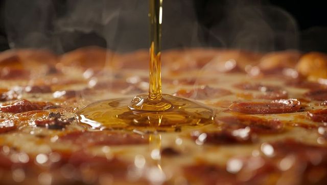 Drizzling golden olive oil over steaming pepperoni pizza, close-up
