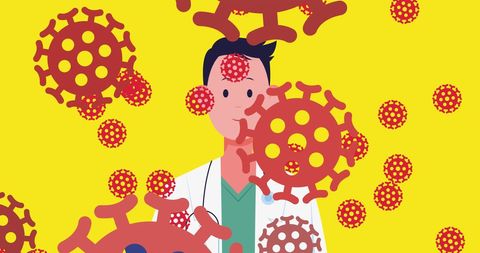 Medical Professional Surrounded by Coronavirus Elements