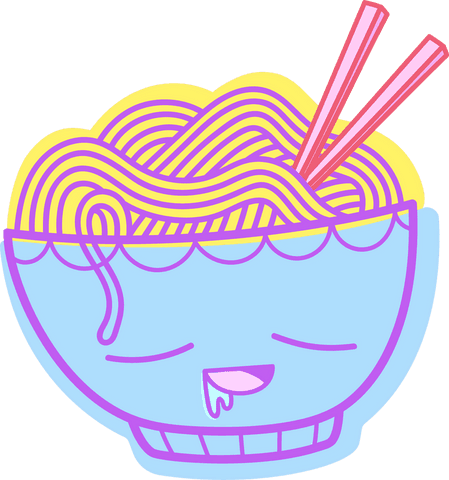 Transparent cartoon noodle bowl with playful sleepy face