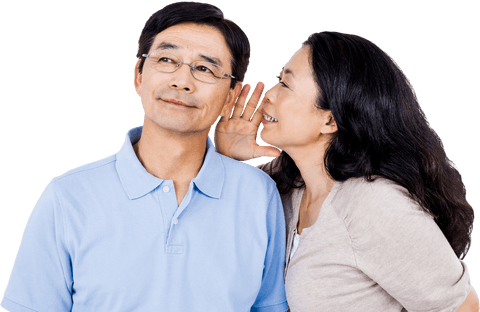 Woman whispering to partner with transparent background