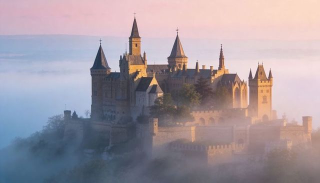 Misty sunrise over perched medieval castle on foggy hilltop with turrets and battlements