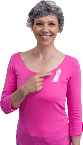 Smiling Woman in Pink with Breast Cancer Awareness Ribbon and Transparent Background