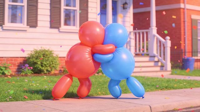 Playful red and blue balloon characters hugging on suburban sidewalk with colorful confetti