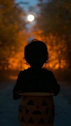 Vertical video showing child holding pumpkin bucket on moonlit path with rising full moon glow