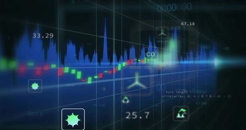 Futuristic digital dashboard with blue graphs and eco icons