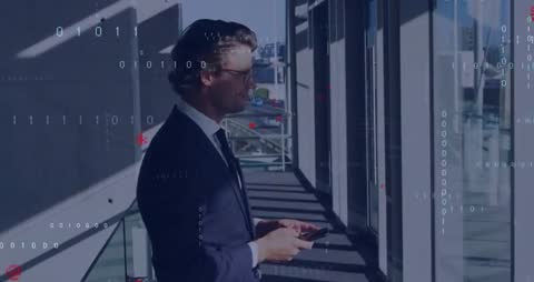Businessman Using Smartphone Amidst Digital Data Holograms