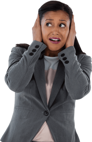 Businesswoman Covering Ears in Stressful Transparent Mood