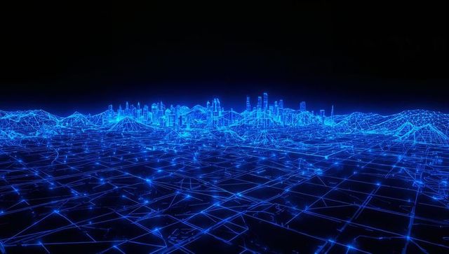 Neon wireframe futuristic city rising from glowing grid with holographic network nodes
