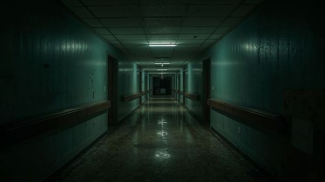 Empty hospital corridor with moody lighting and reflection