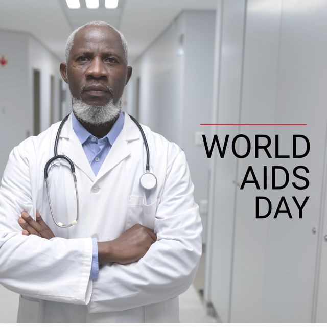 Composition of world aids day text over african american male doctor. World aids day and celebration concept digitally generated image.