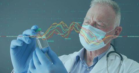 Doctor Analyzing Vaccine Data Amidst Digital Financial Graphs