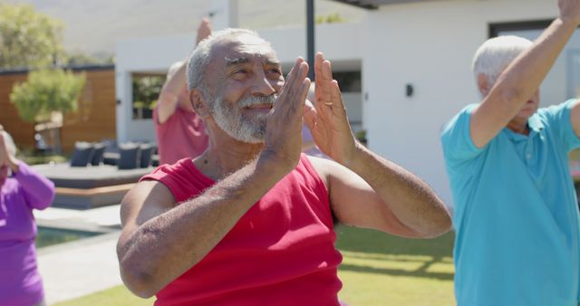 Elderly Outdoors Group Practicing Yoga near Poolside - Download Free Stock Images Pikwizard.com