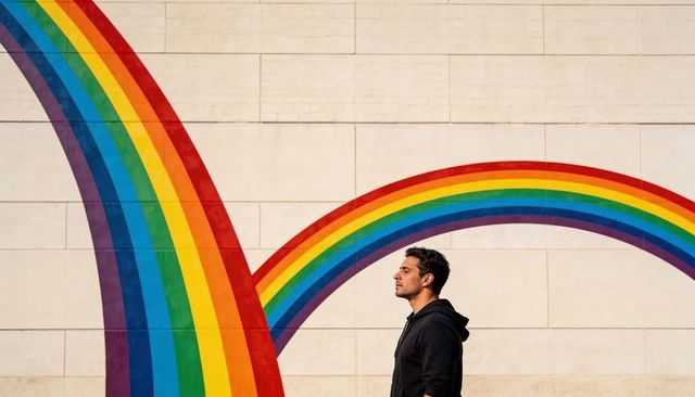 Man Walking Past Vibrant Rainbow Mural on Urban Tiled Wall, Sunlit Sidewalk Lifestyle