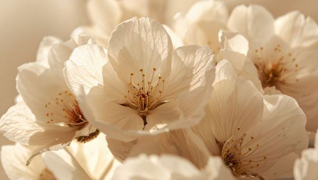 Cream cherry blossoms glowing in golden hour macro with veined petals and soft bokeh