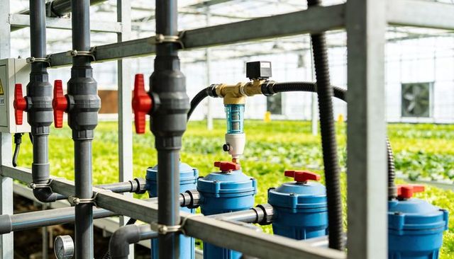 Greenhouse irrigation manifold with blue filters, valves and flow sensor for smart farming