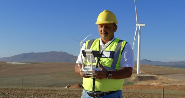 Engineer Controlling Drone at Wind Farm for Renewable Energy Inspection - Download Free Stock Images Pikwizard.com