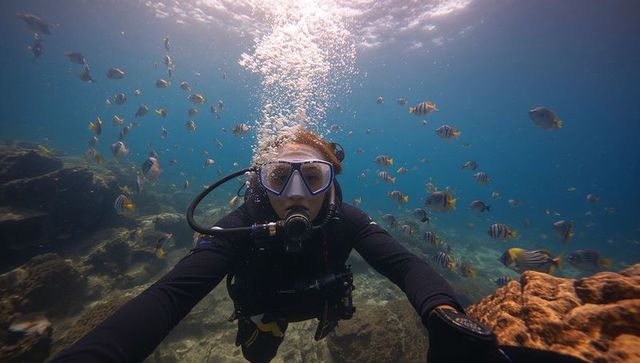 Diver Exploring Coral Reef with Colorful Fish in Clear Waters