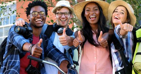 Diverse Group of Friends Enjoying Travel Adventure, Thumbs Up - Download Free Stock Images Pikwizard.com