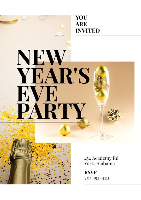 Elegant invitation for a New Year's Eve party featuring a champagne bottle, gold decorations, and a glass filled with gold ornaments. Ideal for promoting holiday events, formal gatherings, club parties, and upscale celebrations. Attract guests with a visually appealing and festive announcement.