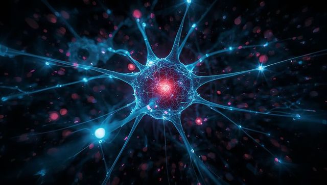 Glowing neuron radiating cyan filaments around red core, abstract neural network concept