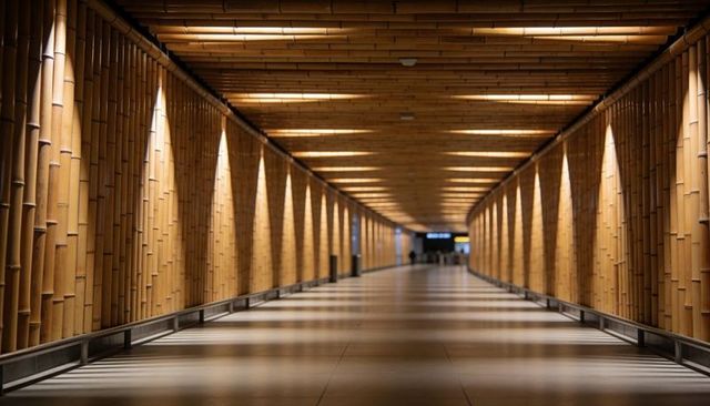 Bamboo-lined Corridor Leading Toward Lit Signage in Modern Airport Concourse with Symmetry