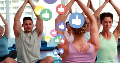 Group Yoga Class with Social Media Likes Icons Motivating Session