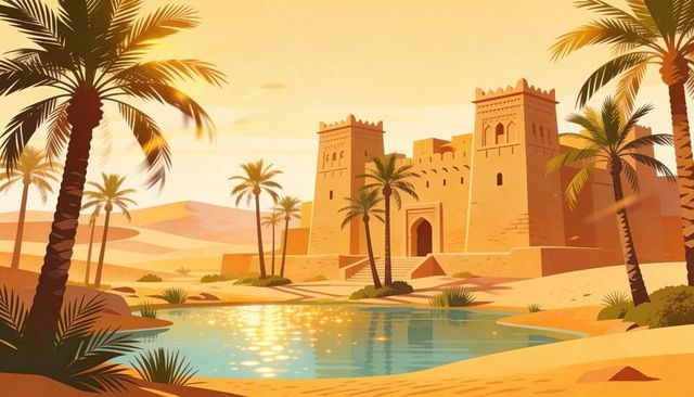 Glowing mudbrick fortress reflecting in desert oasis with palm trees at sunset