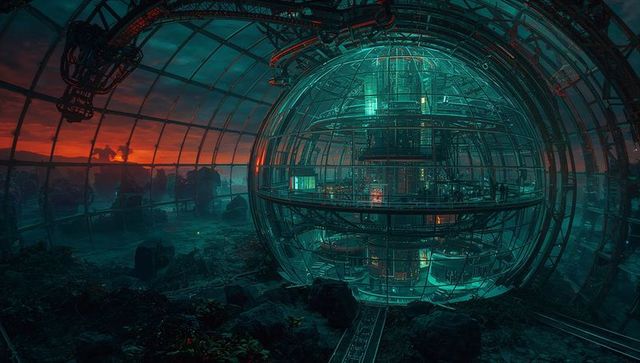 Glowing futuristic sphere habitat within arched glass dome at dusk with rails and catwalks