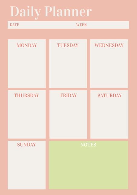 This pastel-themed daily planner template is ideal for organizing weekly tasks. It includes sections for each day of the week and a dedicated notes area, allowing you to keep track of appointments, reminders, and to-dos. Perfect for students, professionals, and anyone seeking a visually appealing way to enhance their productivity.